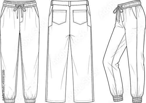 Technical CAD drawing flat vector illustration of joggers and trousers with elastic waistband drawstring pockets and ribbed cuffs for apparel design
