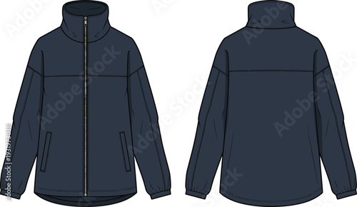 Navy blue zip up jacket technical flat sketch, funnel neck, long sleeves, front and back views, CAD drawing, vector illustration.