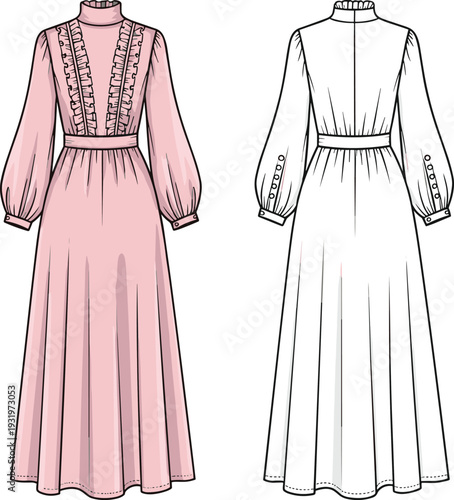 Women's high neck maxi dress technical flat sketch, ruffled bib front, long bishop sleeves, pink gown, CAD drawing, vector illustration.