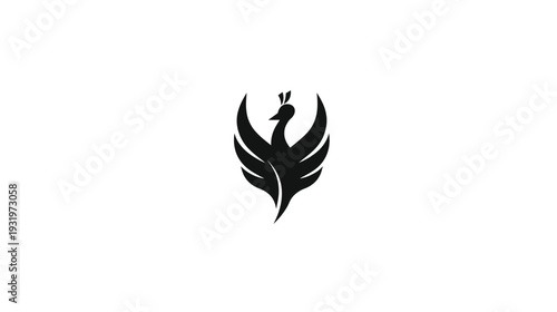 A symmetrical black stylized bird icon with outstretched wings, set against a pristine white background