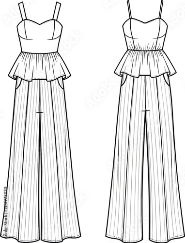 Women's sweetheart peplum jumpsuit technical flat sketch, wide leg pleated trousers, sleeveless bodice, CAD drawing, fashion design flat vector illustration.