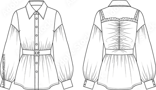 Women's button-down belted blouse technical flat sketch, long bishop sleeves, ruffled back detail, CAD drawing, fashion design vector illustration, white shirt.