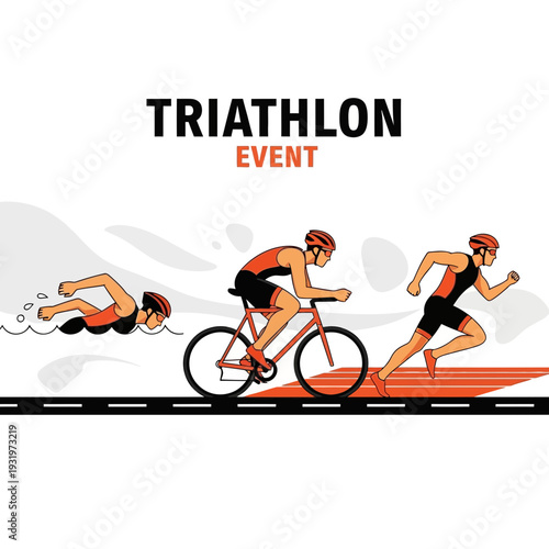 Depicting A Triathlon Event: Swim, Cycle, And Run Illustrated In Dynamic, Action-Oriented Poses