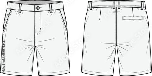 Men Casual Chino Shorts Technical CAD Drawing Flat Vector Illustration, Tailored Cotton Shorts Fashion Template, Apparel Design Mockup, Clothing Sketch