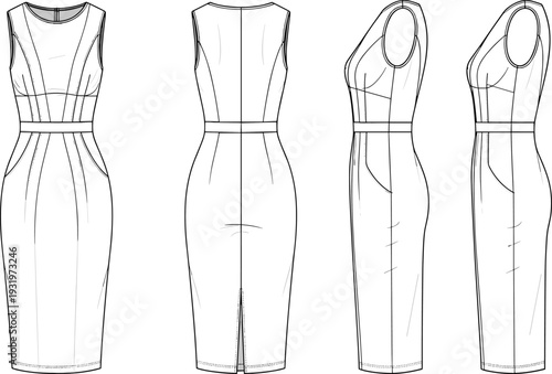 Sleeveless Tailored Bodycon Midi Dress Technical CAD Drawing Flat Vector Illustration, Women Office Sheath Gown Template, Fashion Design Mockup, Apparel