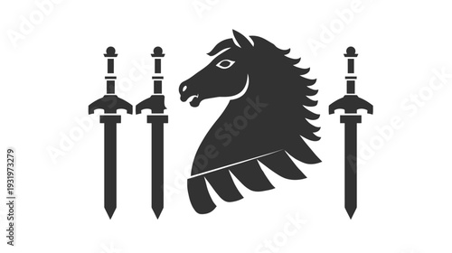 Black and white heraldic emblem featuring a horse head and three swords on a white background