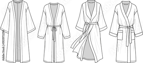Women Loungewear Robe and Kimono Cardigan Technical CAD Drawing Flat Vector Illustration, Bathrobe Sleepwear Template, Fashion Mockup Set, Apparel Design