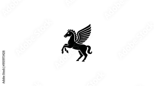 A black silhouette of a winged horse, rearing up on its hind legs. Wings are spread wide