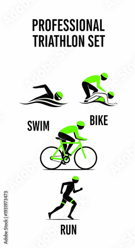 Depicting Professional Triathlon Equipment Set: Swim, Bike, and Run Silhouettes, Vector Illustration