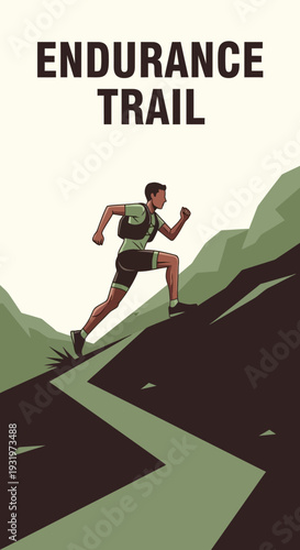 Depicting Endurance Trail Running Athlete Ascending a Mountain Pass in a Minimalist Style