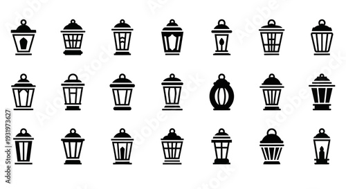 Collection of various street lamp icons in different styles and designs