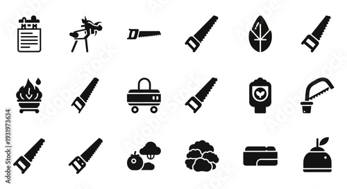 A set of icons representing various objects and concepts, including tools and abstract symbols, in a grid layout