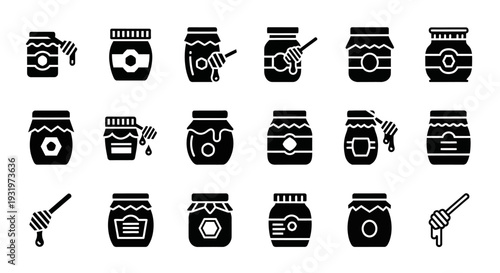 Collection of honey jar icons, honey dippers displayed, beekeeping elements in a grid pattern