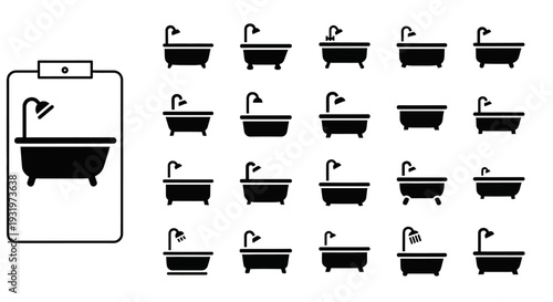 Multiple bathroom tubs and faucets illustration on a clipboard with various configurations