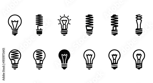 Collection of diverse light bulb icons in black and white illustration showcasing various designs and styles