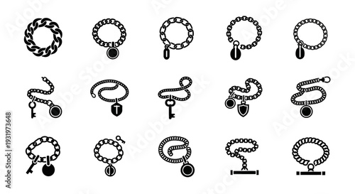 Collection of black and white illustrations showcasing various necklace designs with pendants and decorative elements from a top-down viewpoint.