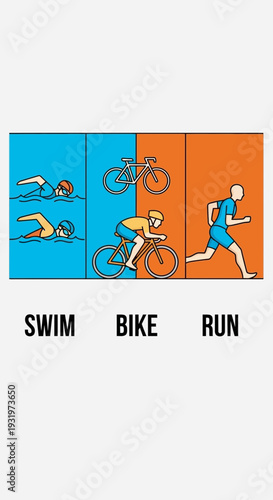 Depicting Triathlon Stages: Swim, Bike, and Run Illustrated with Vibrant Color Fields