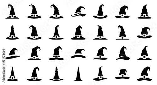 Collection of black witch hats displayed in a grid pattern on a plain background
