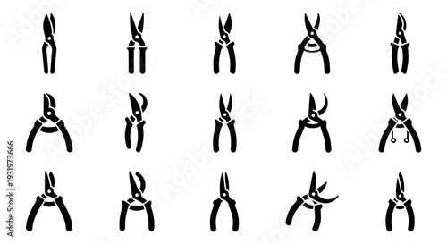 Collection of various pliers arranged in a grid pattern on a clean surface viewed from directly above.