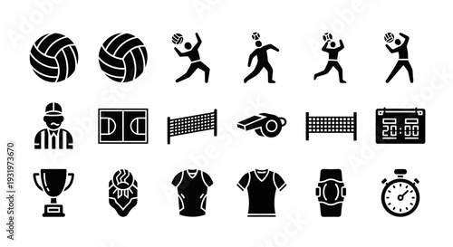 Collection of Sports Icons Featuring Athletes, Equipment, and Symbols