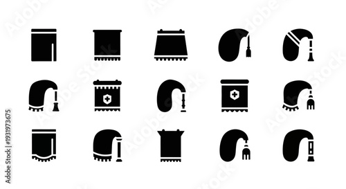 Collection of various curtain and drapery icons displayed in a grid on a plain white background