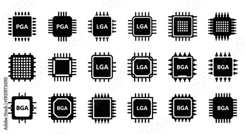 Collection of Various Microchip Types Displayed in Grid Format on White Background from Direct Viewpoint
