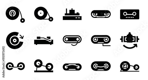 Collection of industrial machinery icons displayed in a grid layout on a clean white background