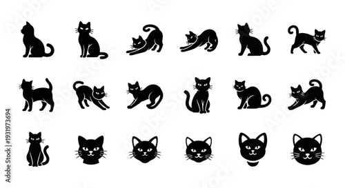 Collection of black cat silhouettes in various poses and facial expressions displayed together in a grid layout