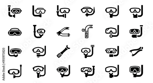 Collection of Scuba Diving Icons Featuring Masks, Snorkels, and Fins in Various Configurations
