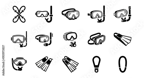Collection of black and white diving equipment icons on a white background, showcasing various masks, snorkels, and flippers for underwater exploration.
