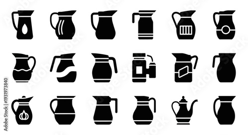 Collection of various coffee maker icons displayed in a grid layout on a clean background from a straightforward viewpoint