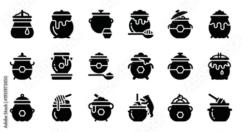 Collection of diverse cooking pot icons displayed in a grid layout on a plain background