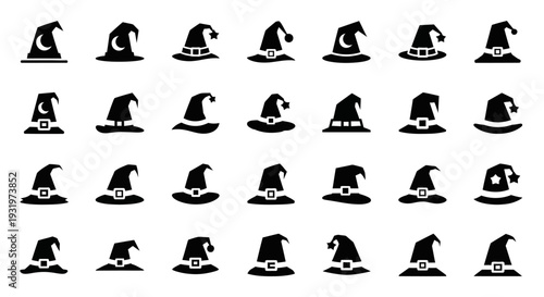 Collection of assorted witch hats in various designs and styles on a clean white background