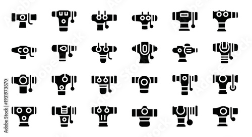 Collection of robotic machinery icons displayed in a grid pattern on a plain background