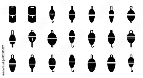 Collection of Various Fishing Sinkers and Weights Illustrated in Black Silhouettes