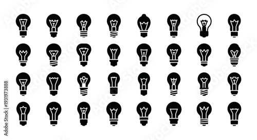 Collection of diverse light bulb icons in various styles and designs, showcasing creativity and innovation in a grid layout.