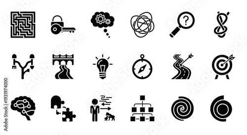 A collection of twenty icons illustrating various concepts related to problem-solving and strategy displayed in a grid pattern.