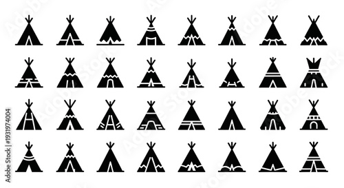 Collection of diverse teepee silhouettes arranged in rows against a clean background from a straightforward viewpoint