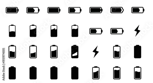 A collection of battery icons showing various states of charge and power levels in a grid layout