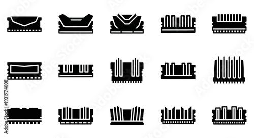 Collection of black cinema icons displayed on a clean white background from a straightforward viewpoint