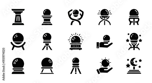 Collection of Crystal Ball Icons on Various Stands and Displays in Simple Black Illustrations