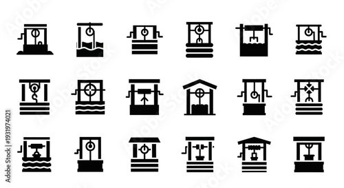 Collection of simple black icons representing various industrial and mechanical concepts displayed on a clean white background