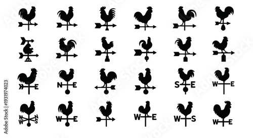 Collection of wind direction indicators and rooster silhouettes arranged in a grid pattern on a plain background