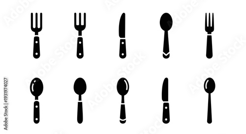 Collection of black silhouettes of cutlery and utensils arranged neatly on a plain white background, viewed from directly above