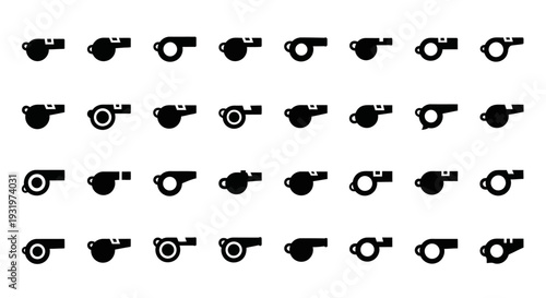 Collection of various gun icons displayed in a grid pattern on a plain surface, viewed from directly above