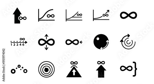 Collection of mathematical symbols and infinity icons displayed on a clean white background from a straightforward viewpoint