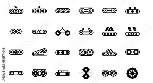 Collection of black and white transportation icons on a white background, showcasing various vehicle and machinery symbols.