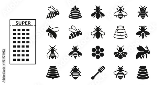 Collection of bee icons and symbols in various poses and shapes displayed on a clean background
