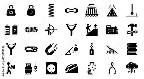 Collection of various simple black icons representing outdoor adventure and survival elements displayed on a clean background from a straightforward viewpoint