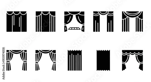 Collection of curtain and drapery illustrations displayed on a clean white background from a straightforward viewpoint